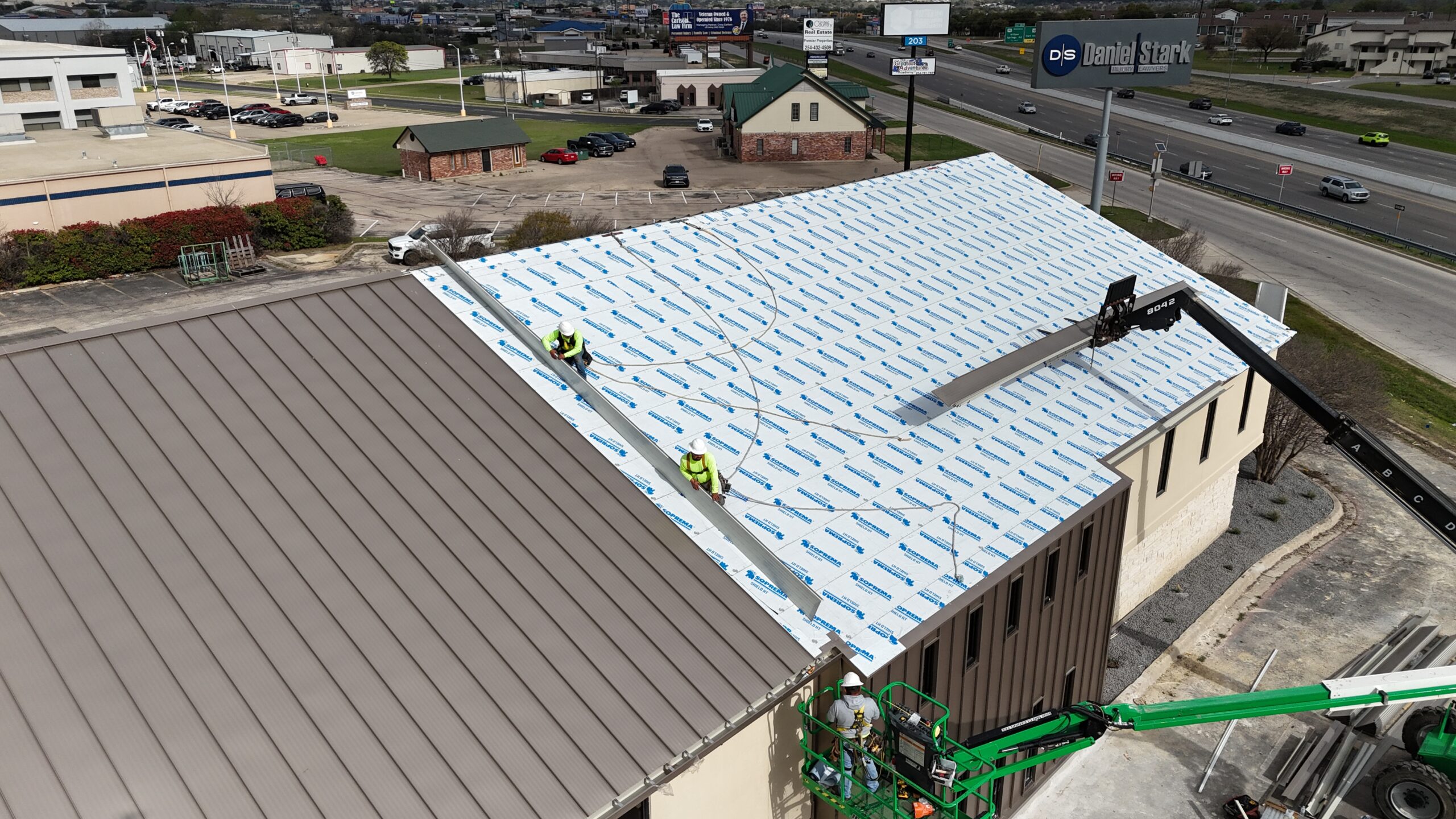 Drone photo of a commercial roof replacement completed by Monarch Texas Contracting in Dallas, TX.